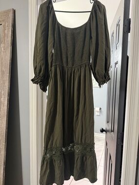 Olive Green Smocked Midi Dress with Lace Trim